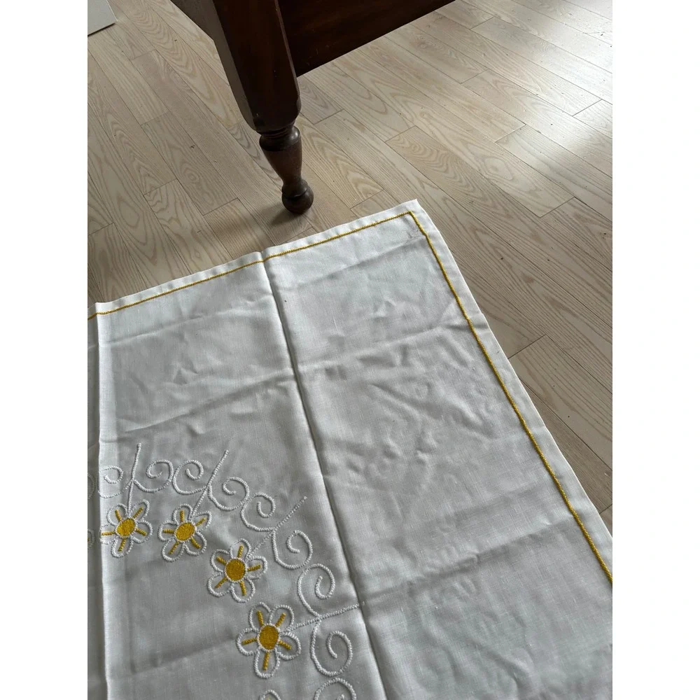 Vintage White Linen Tablecloth Yellow Daisy Hand Embroidered Floral Border